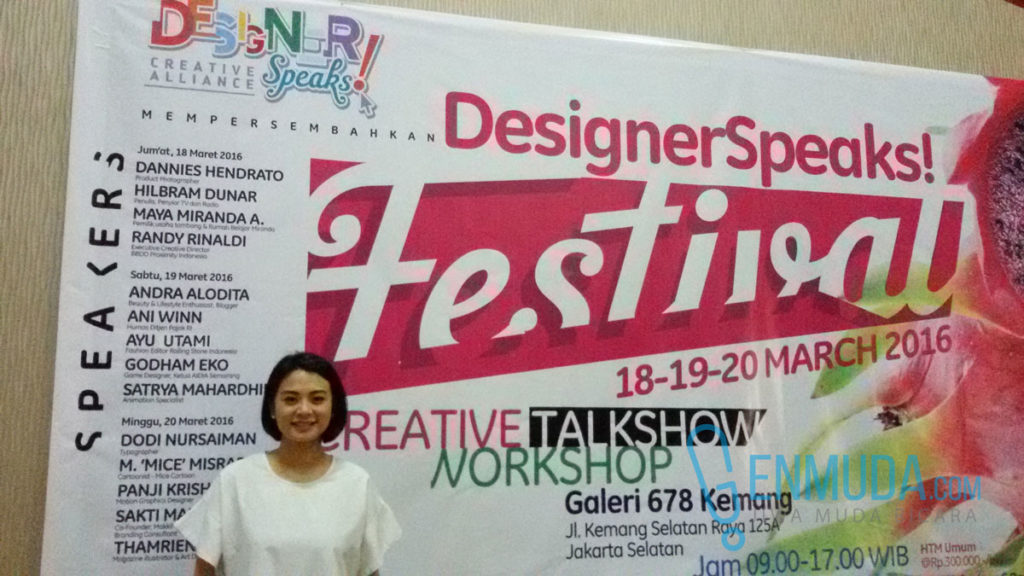 Andra Alodita di acara DesignerSpeaks! Festival 2016, Sabtu (19/3) (Foto: Genmuda.com/2016 Gabby)